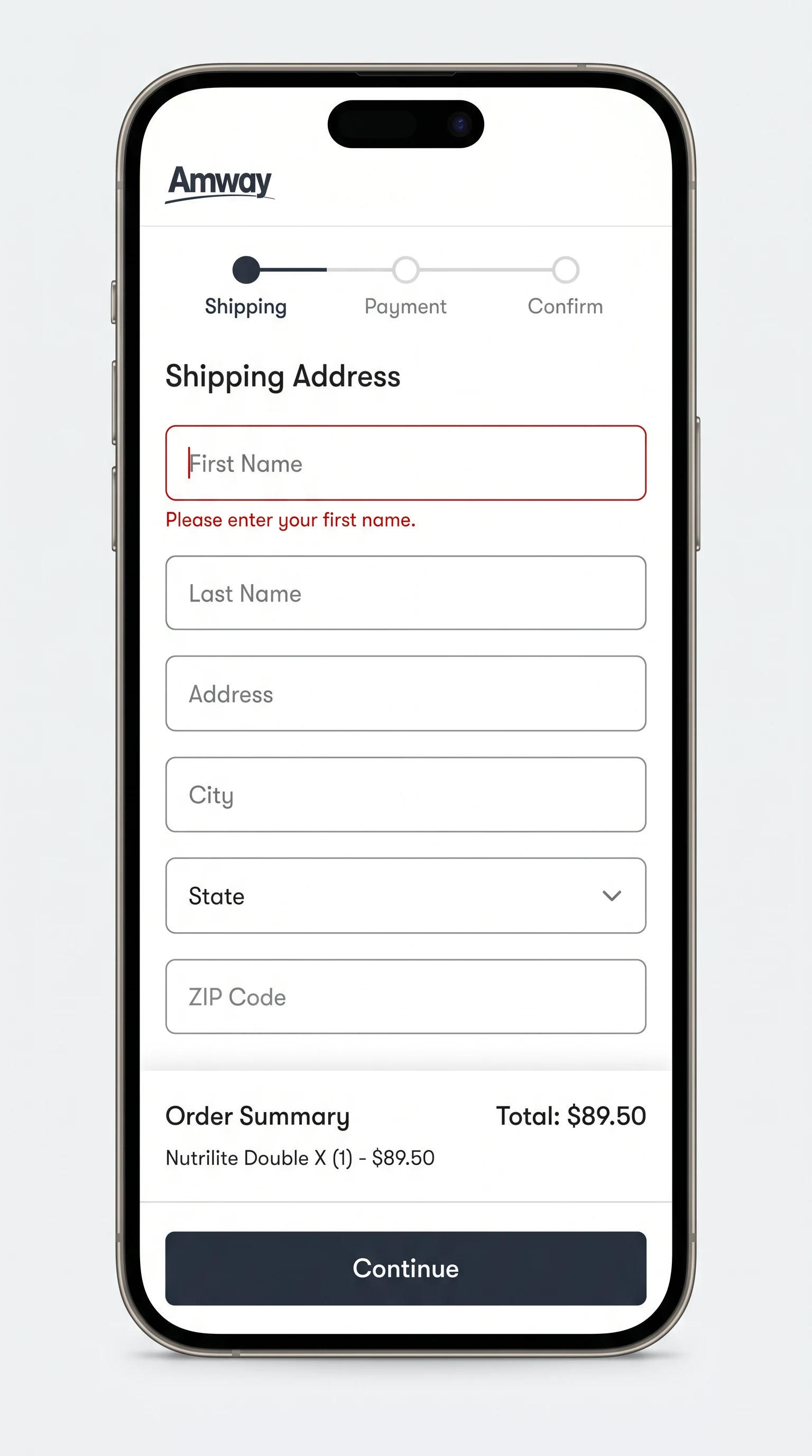 Amway mobile checkout with inline field validation showing a clear Please enter First Name error and order summary