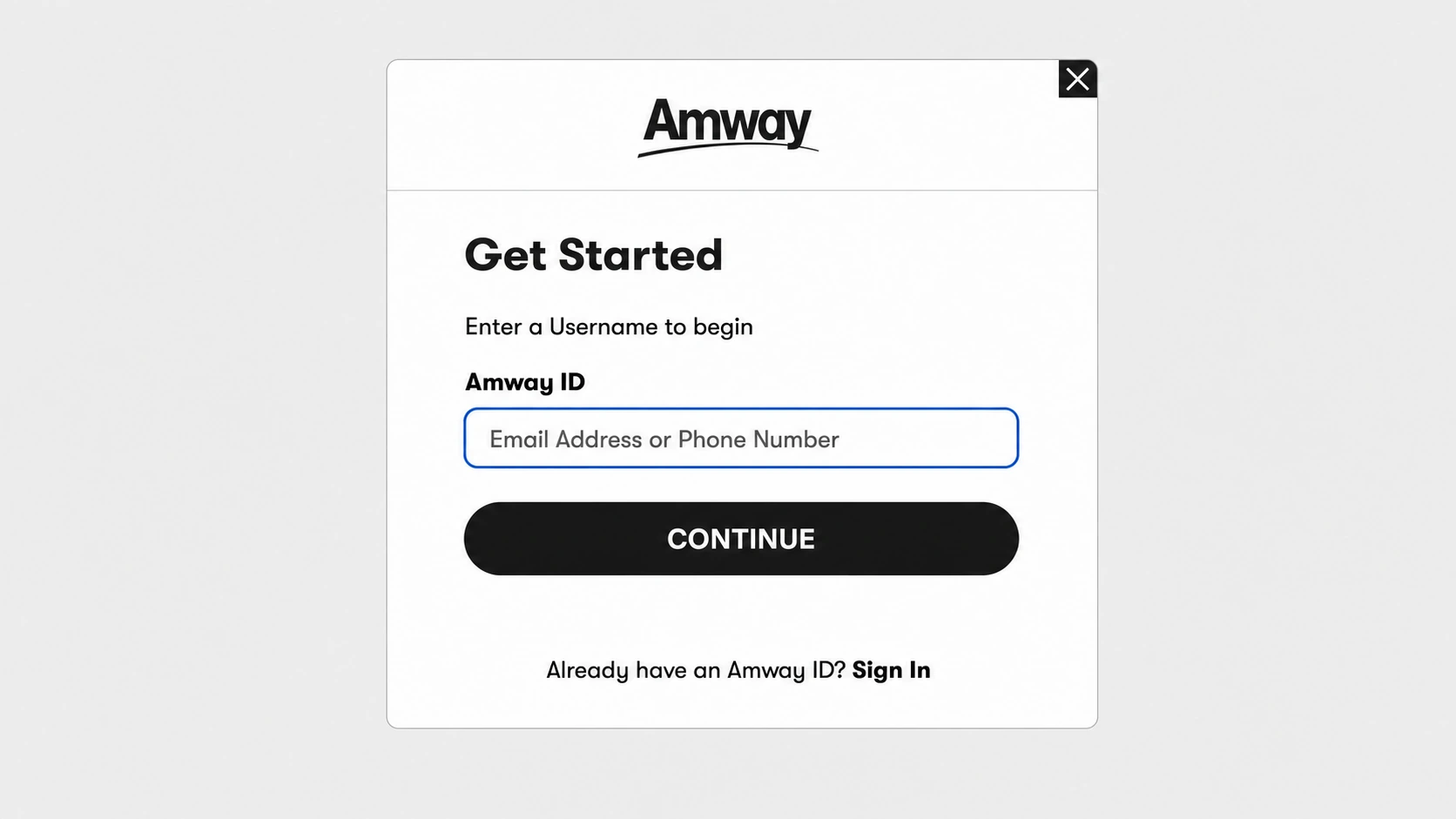 Amway Get Started modal prompting the shopper to enter a username to begin, with a single Amway ID field and a Continue button