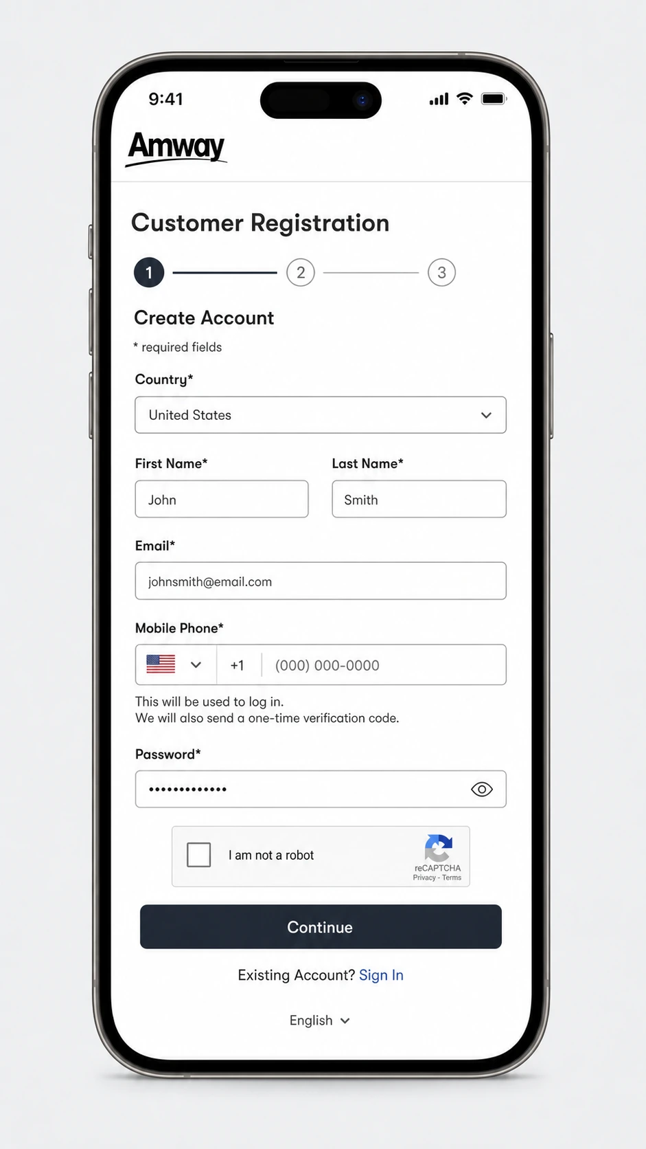 Amway three-step Customer Registration shown on an iPhone with country, first and last name, email, mobile, password, reCAPTCHA, and a step-1 progress indicator