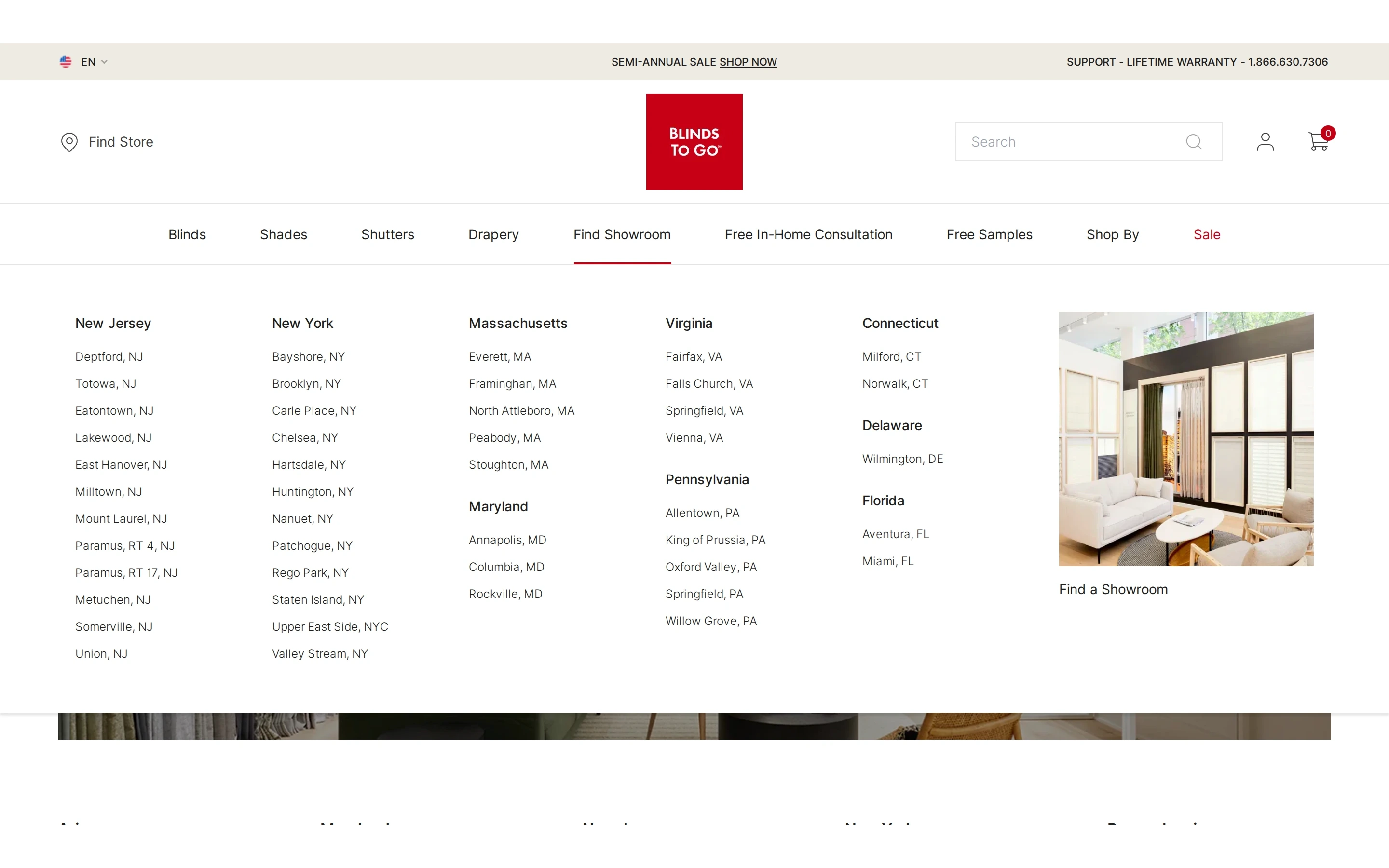 Blinds To Go Find Showroom mega-menu open, listing showrooms by state with a Find a Showroom image