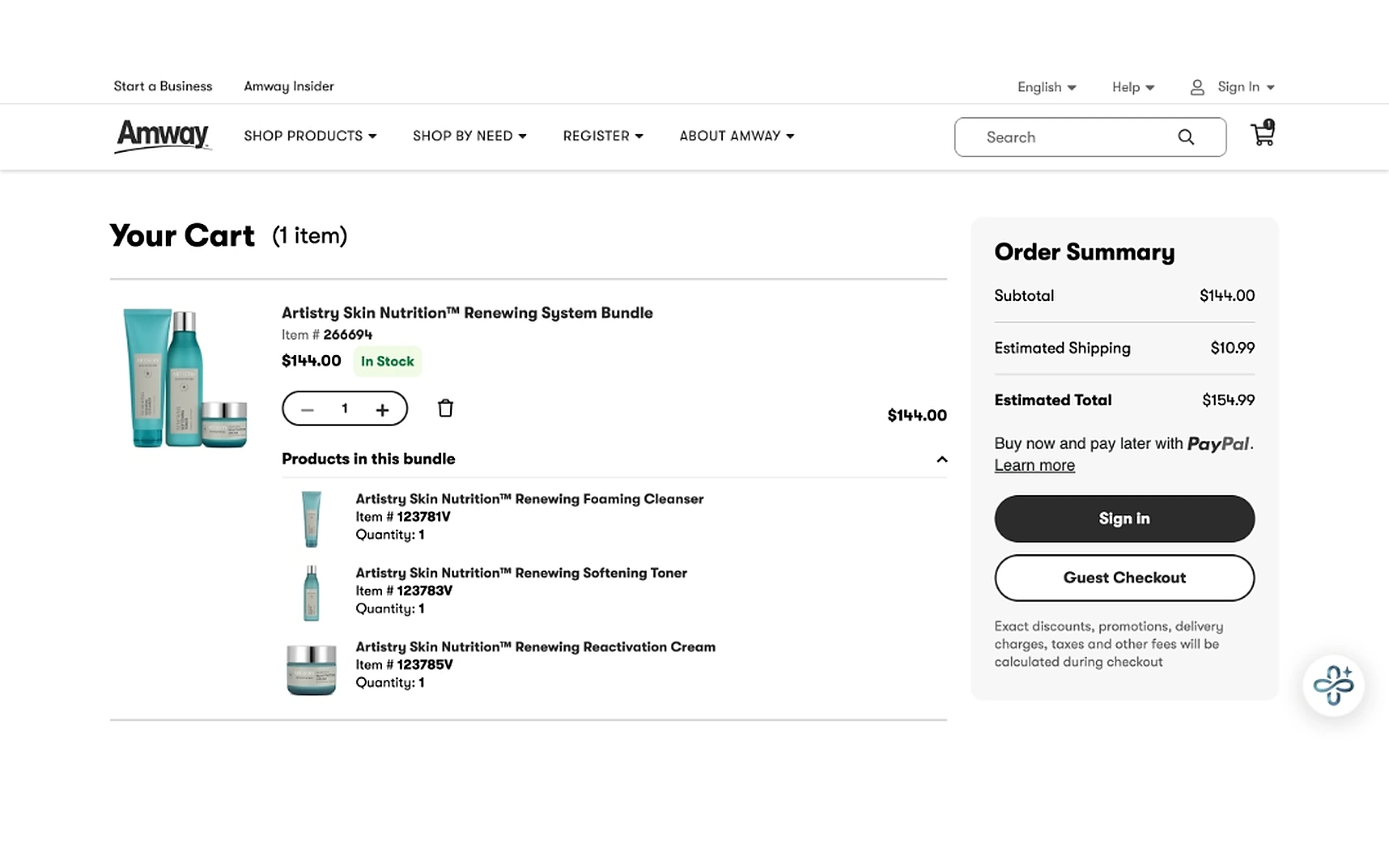 Amway shopping cart with Order Summary, Sign in and Guest Checkout, and Buy now pay later with PayPal
