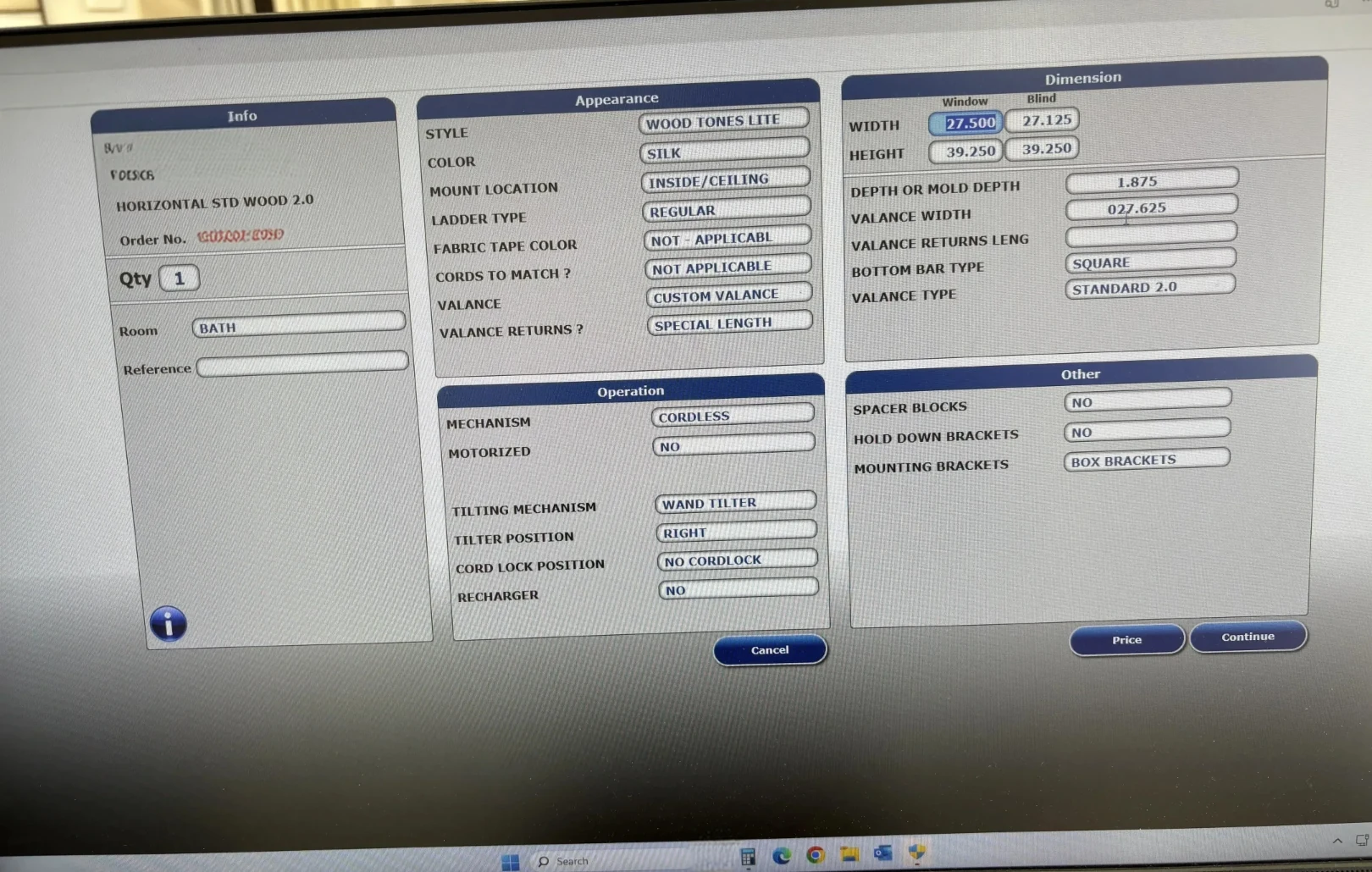 Photograph of the real legacy POS screen running on the showroom floor: five gray Windows panels titled Info, Appearance, Dimension, Operation, and Other, each packed with separate dropdown fields for style, color, mount location, ladder type, mechanism, tilting mechanism, valance, bracket type, and window and blind dimensions, with Cancel, Price, and Continue buttons