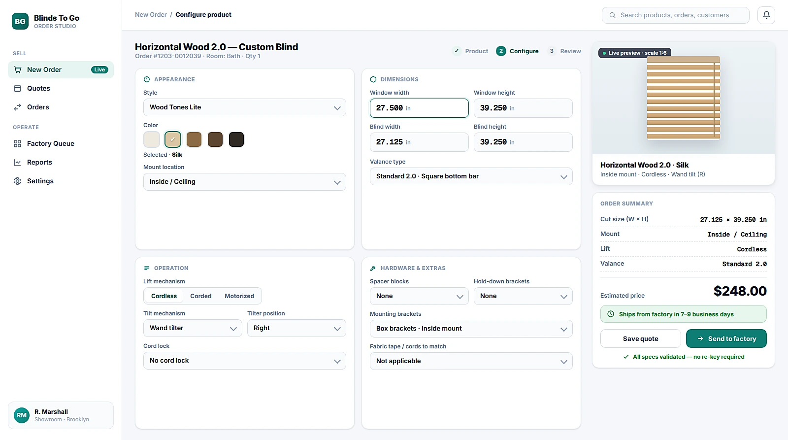 Redesigned order builder for the same custom blind: a guided three-step flow with grouped panels for appearance, dimensions, operation, and hardware, color swatches and a segmented lift control, plus a live blind preview, an order summary with cut size, an estimated price and lead time, an all-specs-validated note, and a Send to factory button