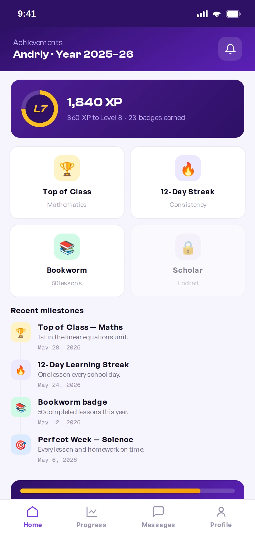 Mobile achievements and milestones screen with level, XP, badges earned, and a timeline of the child's milestones across the year