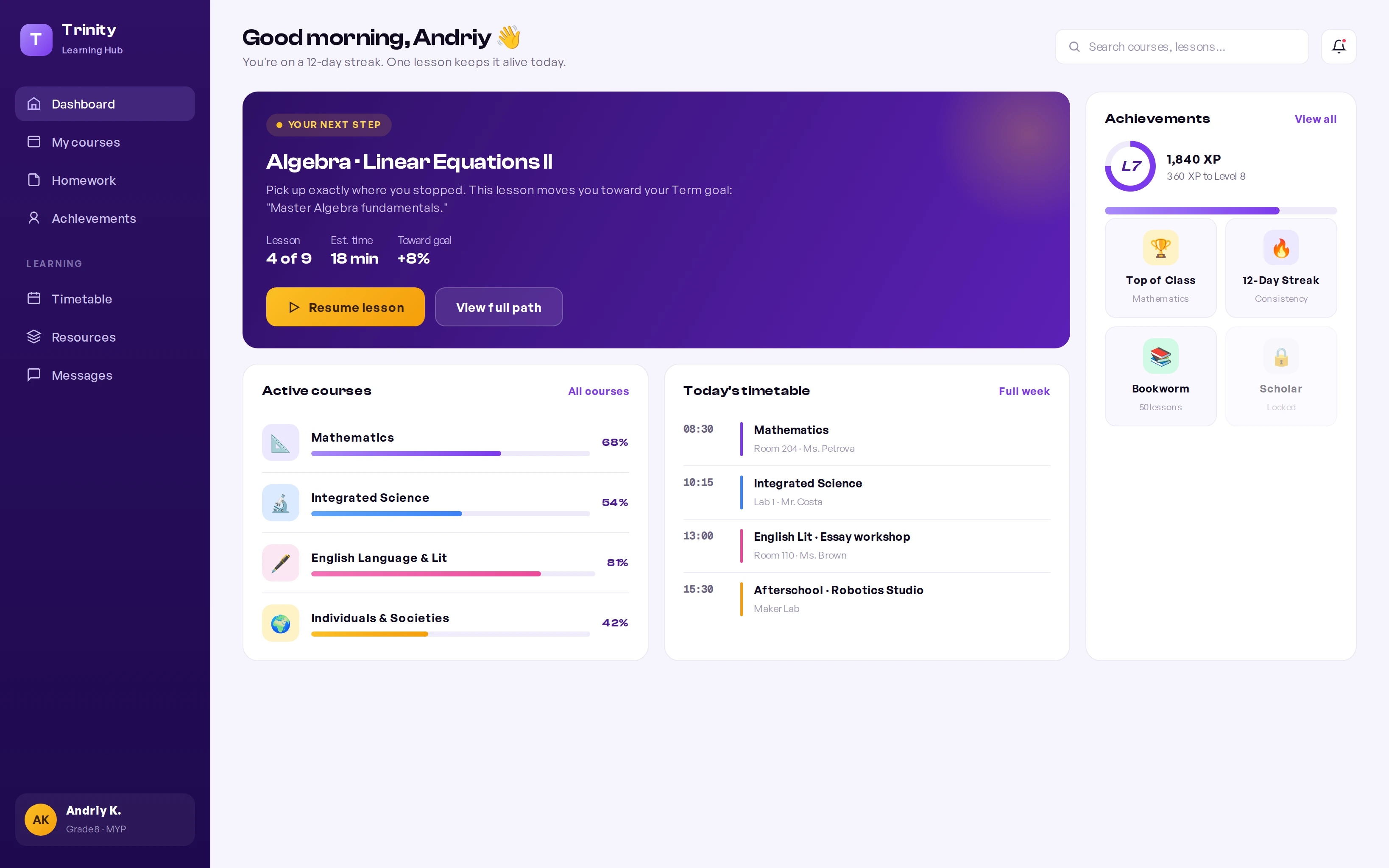 Trinity school platform — student desktop dashboard
